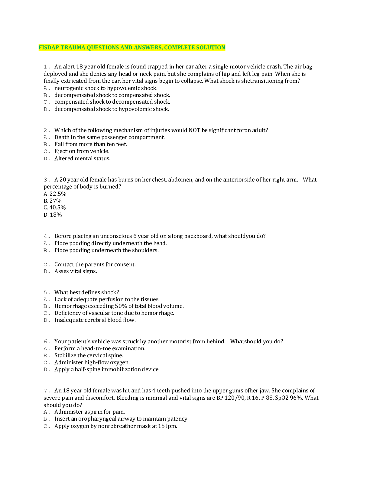 FISDAP TRAUMA QUESTIONS AND ANSWERS, COMPLETE SOLUTION Browsegrades